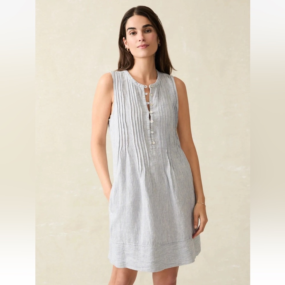 Faherty Isha Blue and White Striped Linen Dress Size Small